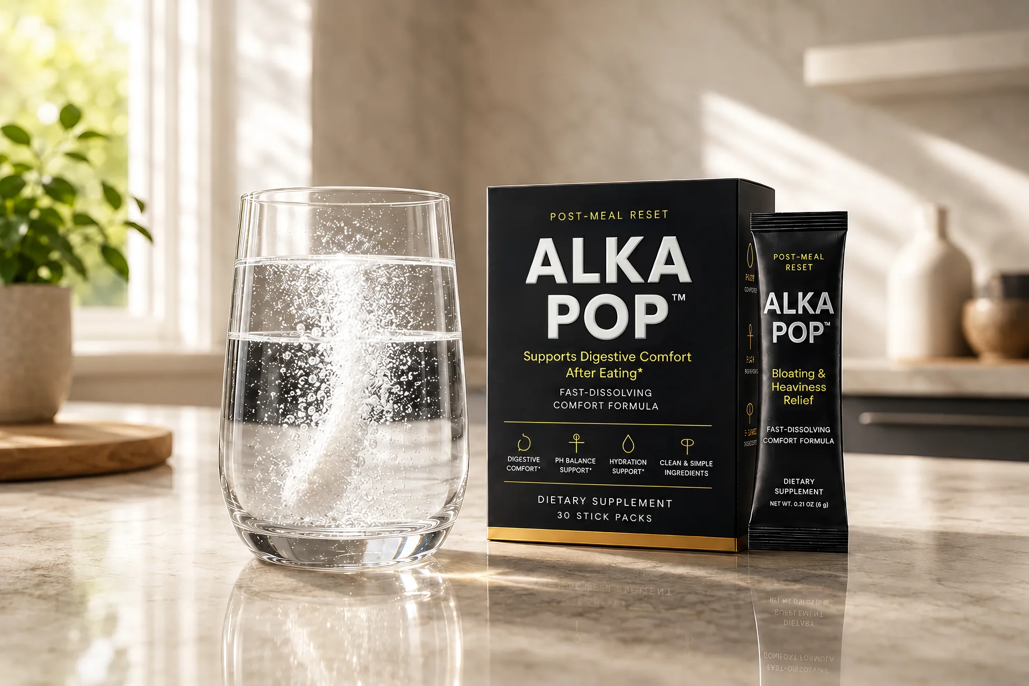An ALKA POP stick pack dissolving into a glass of sparkling water