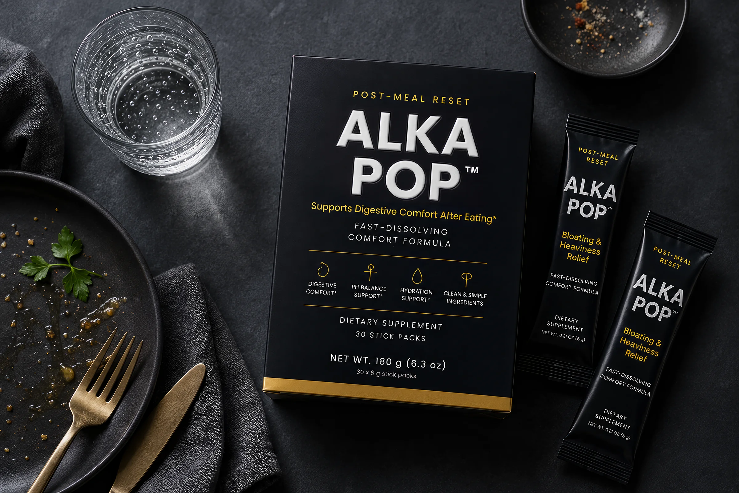 An ALKA POP carton, stick packs and a glass of water on a dark dinner table, seen from above